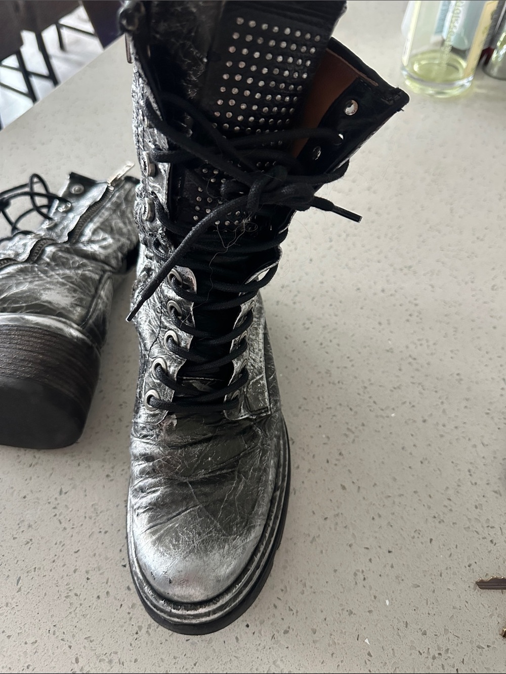 AS98 Women’s Metallic Black Lace-Up Combat Boots